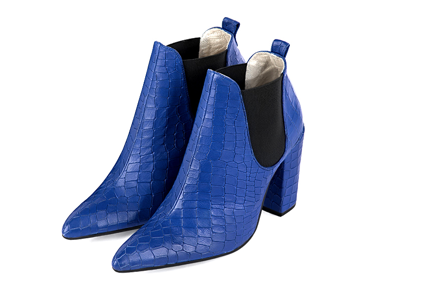 Women's electric blue and matt black elegant Chelsea ankle boots, with side elastics. Tapered toe. High block heels - Front view
